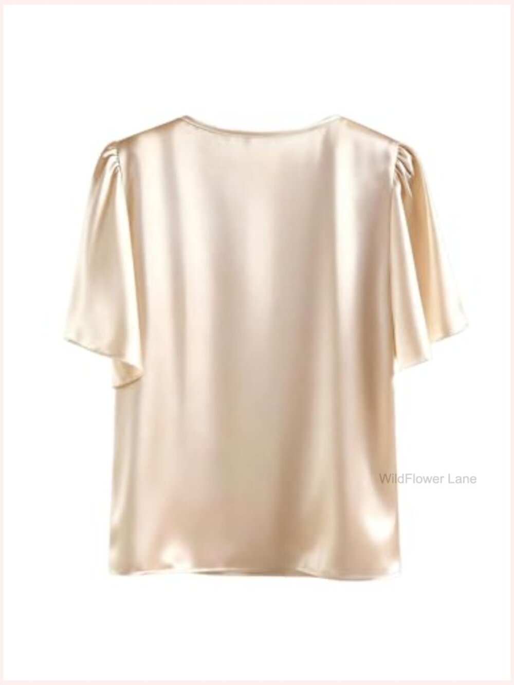 Elegant Satin Ruffle Short Sleeve Blouse Pearl Crew Neck Summer Top - Picture 2 of 5